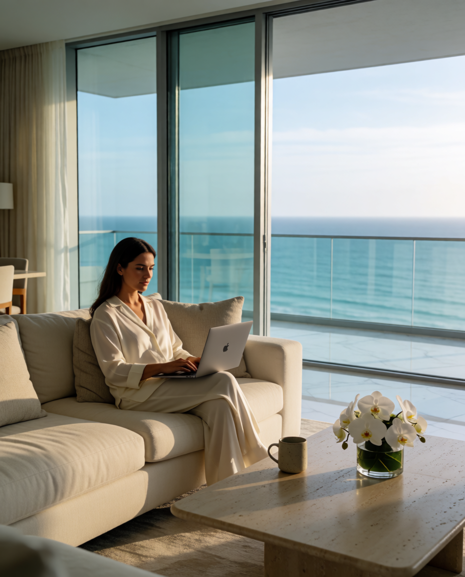 A woman in cream-colored pajamas sits on a beige sofa in a modern living room with large glass sliding doors. She is working on a silver laptop. Outside, there is a balcony with a glass railing overlooking the ocean. A coffee table with a vase of white orchids and a mug is in the foreground.