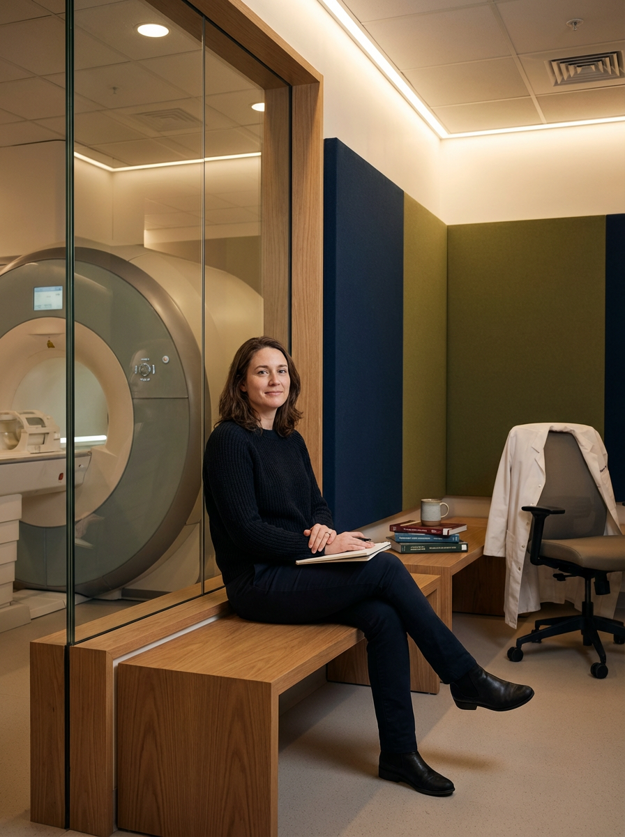 A woman sitting on a wooden bench in front of an MRI machine in a medical imaging room, with books, a mug, and a white coat on the chair nearby.