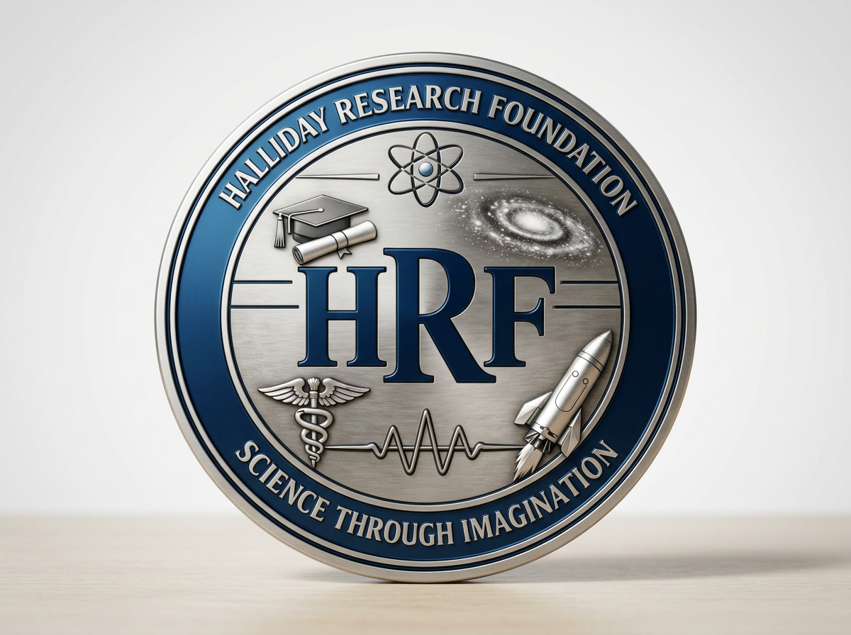 Close-up of a circular emblem for Halliday Research Foundation with scientific symbols, including a rocket, galaxy, atom, caduceus, graduation cap, and an electrocardiogram, with the text 'HALLIDAY RESEARCH FOUNDATION' and 'SCIENCE THROUGH IMAGINATION'.