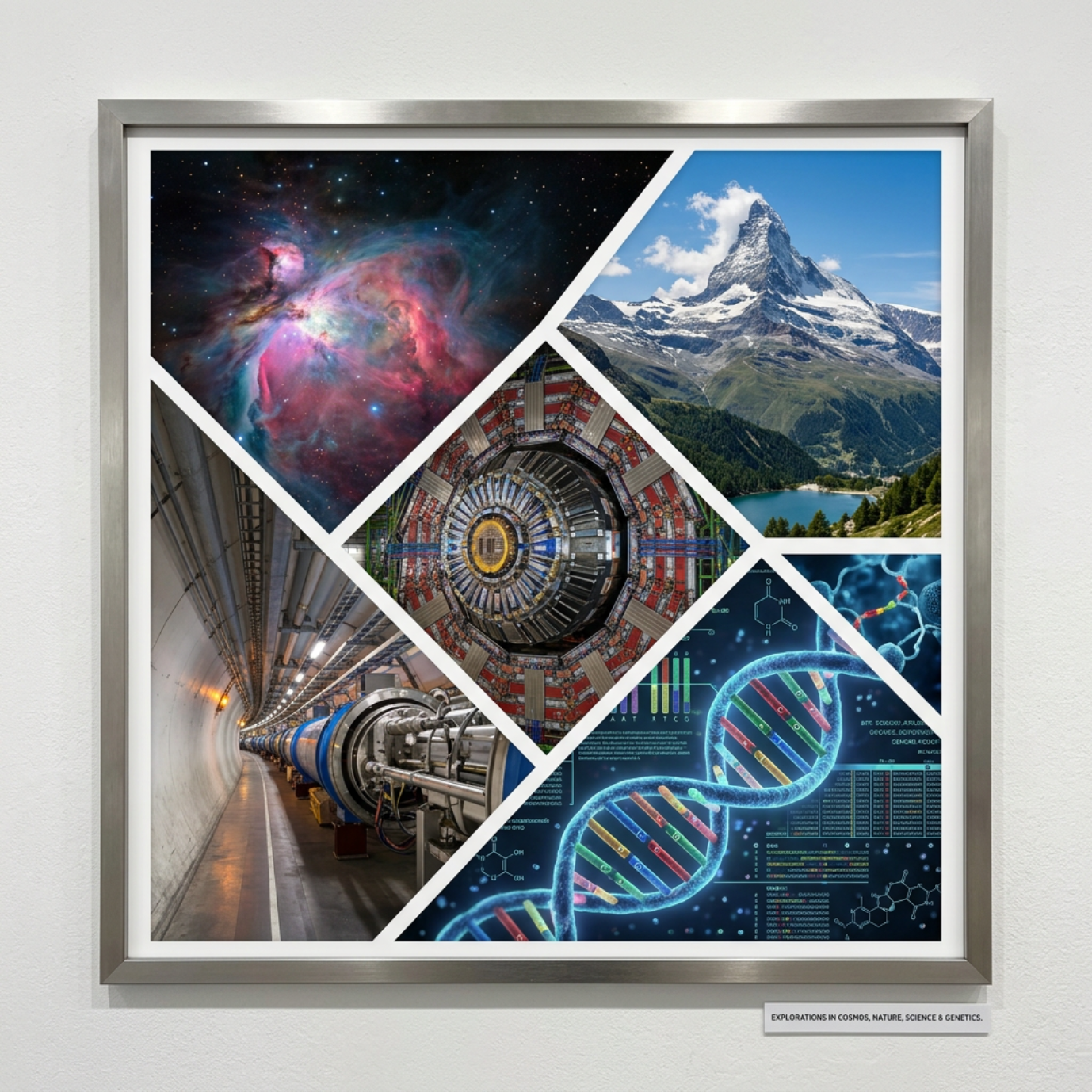 A collage of images related to science and exploration: a nebula space scene, mountain landscape, particle accelerator, DNA strand, and scientific data charts.