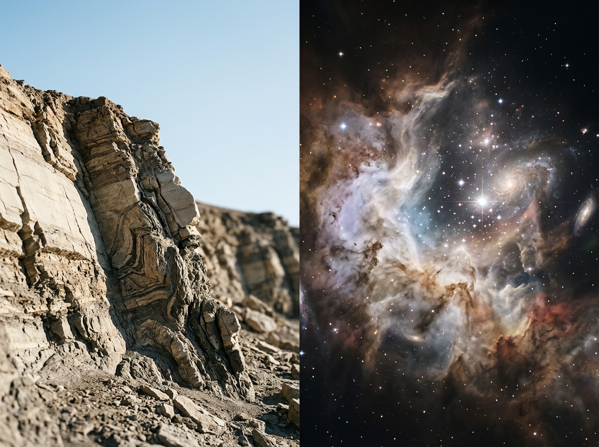 Split image showing rocky desert landscape on the left and a colorful galaxy in space on the right.