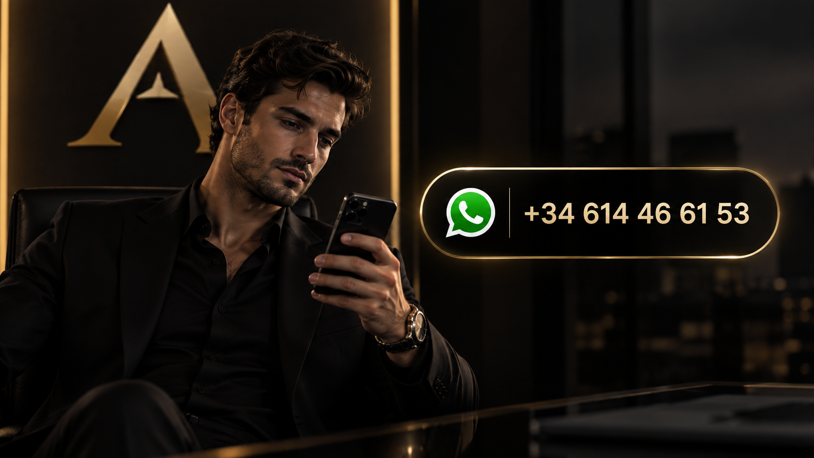Hombre en traje negro en una oficina en la noche viendo su teléfono móvil, con un mensaje de contacto de WhatsApp y número de teléfono +34 614 46 61 53 sobre fondo oscuro y logo de la empresa.
