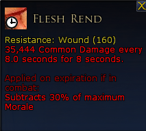 In-game item description for Flesh Rend, a weapon. Shows resistance to Wound (160), with a damage value of 35,444 every 8 seconds for 8 seconds, applies on expiration if in combat, and subtracts 30% of maximum Morale.