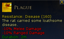 In-game tooltip showing a Plague attack with resistance 160, caused by a rat carrying a disease, reducing melee damage by 10% and ranged damage by 10%, with a duration of 2 minutes.
