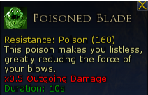 In-game tooltip for Poisoned Blade item showing poison resistance, reduced damage, and a 10-second duration.