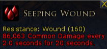 Game interface showing the item 'Seeping Wound' with resistance to wound (160) and a damage over time effect of 86,063 per 2 seconds for 20 seconds.