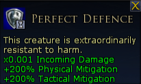 Text on a dark background displaying 'Perfect Defence' and details about a creature’s resistance and mitigation stats, including incoming damage, physical mitigation, and tactical mitigation.