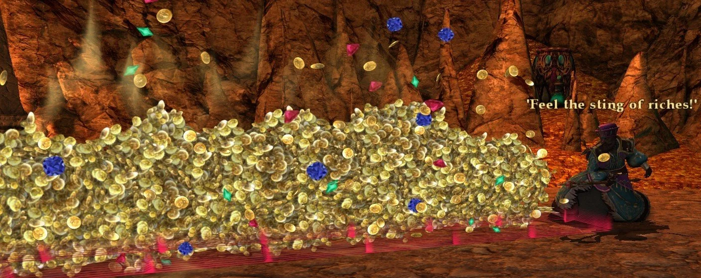 A character dressed in dark clothing and helmet, riding a motorcycle and surrounded by a large pile of gold coins, gems, and loot inside a rocky cave. The character has a speech bubble saying, 'Feel the sting of riches!'