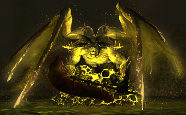 A fantasy creature with insect-like wings and a muscular body, sitting on a pile of skulls and bones, illuminated by yellow-green glowing light.