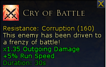 Game interface showing a resistance status of corruption at 160, with a message about an enemy being driven to a frenzy of brutality. It includes stats for outgoing damage, run speed, and a duration of 30 seconds.