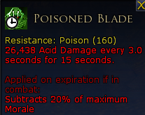 Poisoned Blade item description from a game, showing resistance to poison, high acid damage, and effects on expiration and combat.