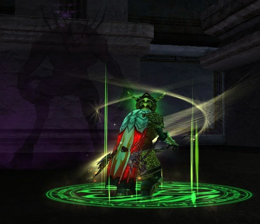 A fantasy character with a mask and armor, kneeling on a glowing green magic circle in a dark room with ominous shadows and a silhouette of another figure in the background.