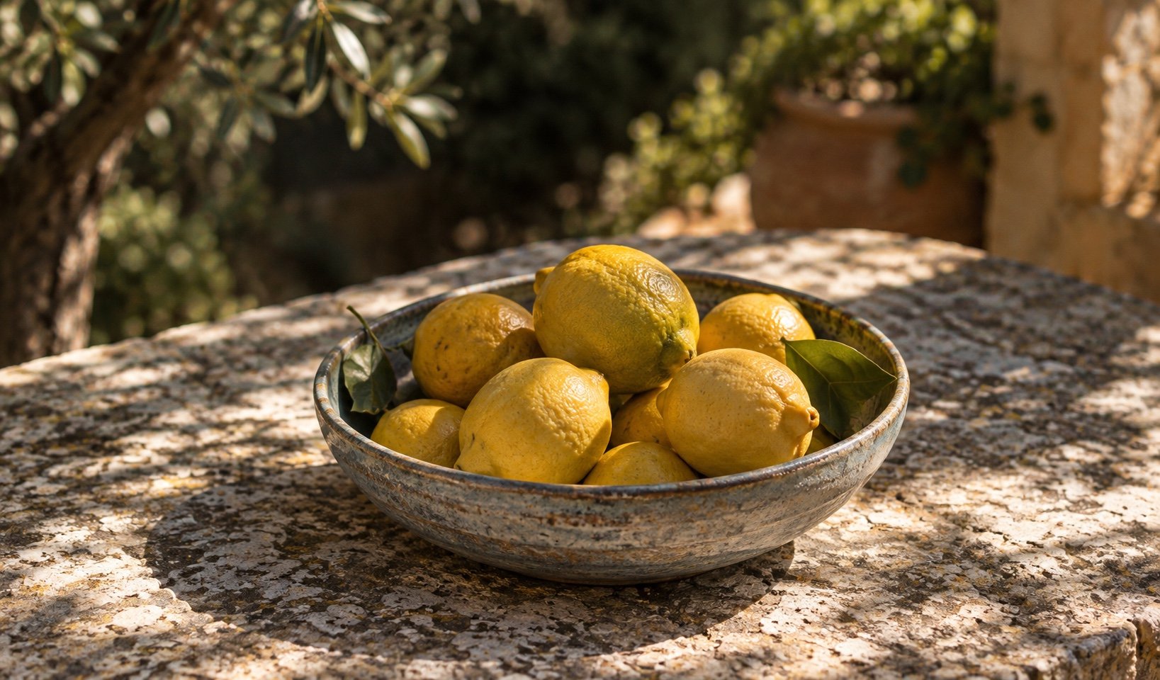 Fresh lemons in a ceramic bowl on a sunlit Italian table