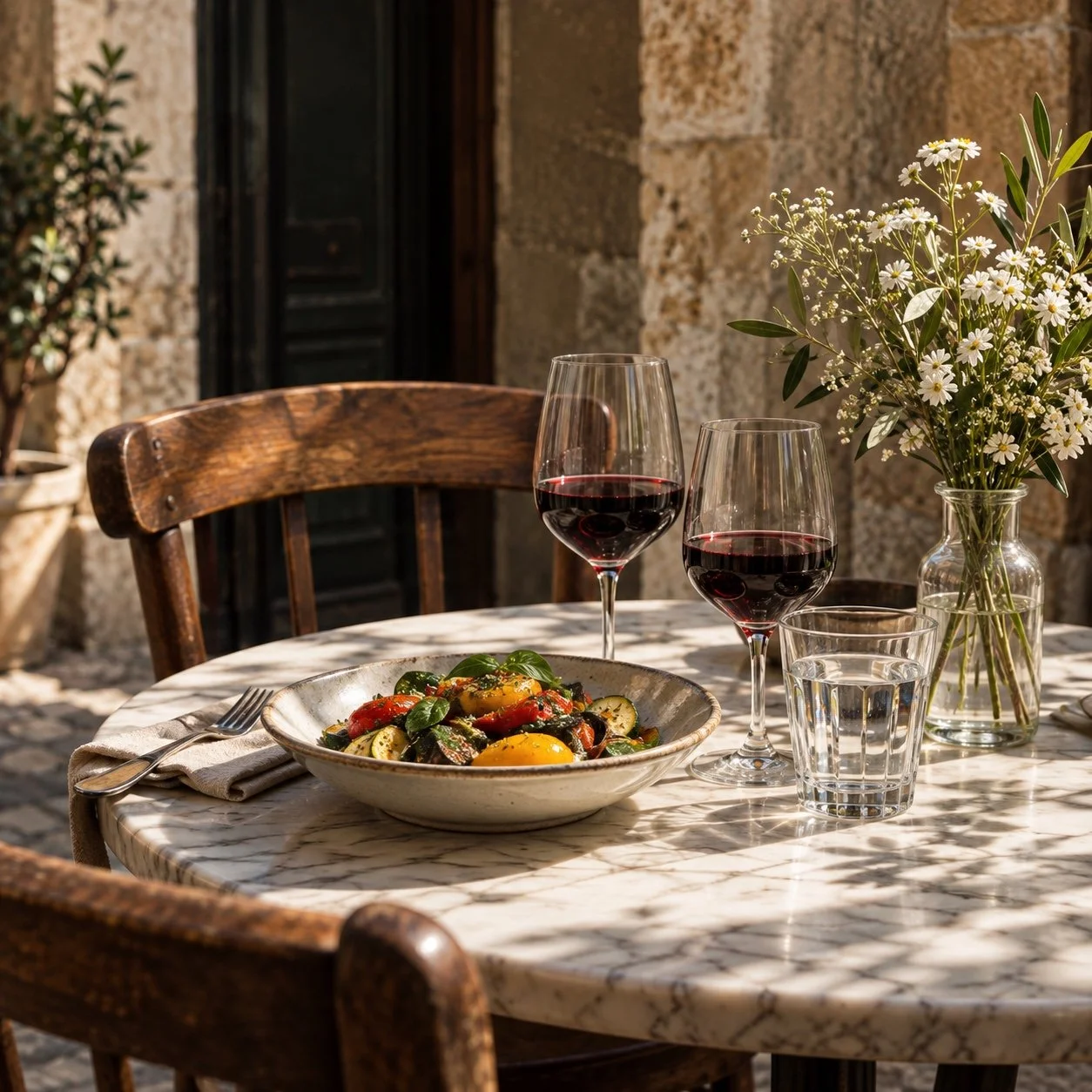 A sunlit Italian table with flowers, wine glasses and a simple seasonal lunch