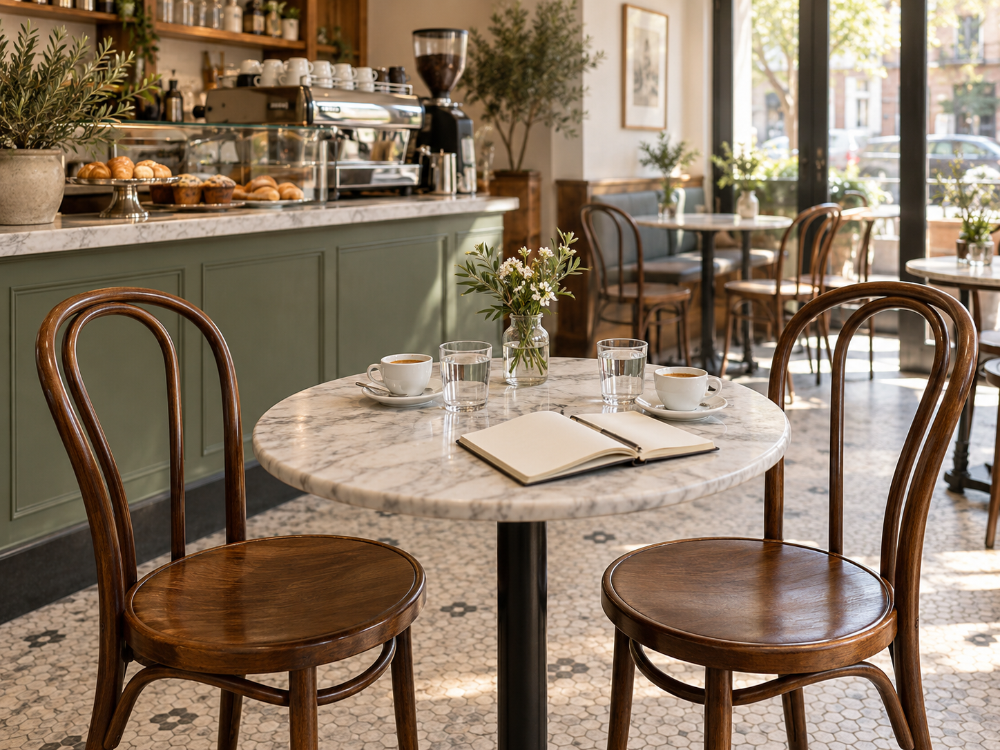 Illustrative Italian-inspired public café with two chairs, espresso cups and a notebook, ready for conversation.
