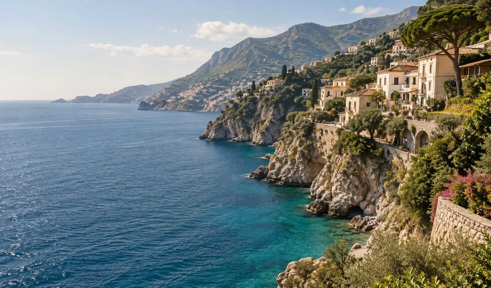 An Italian coastal town above a blue Mediterranean bay