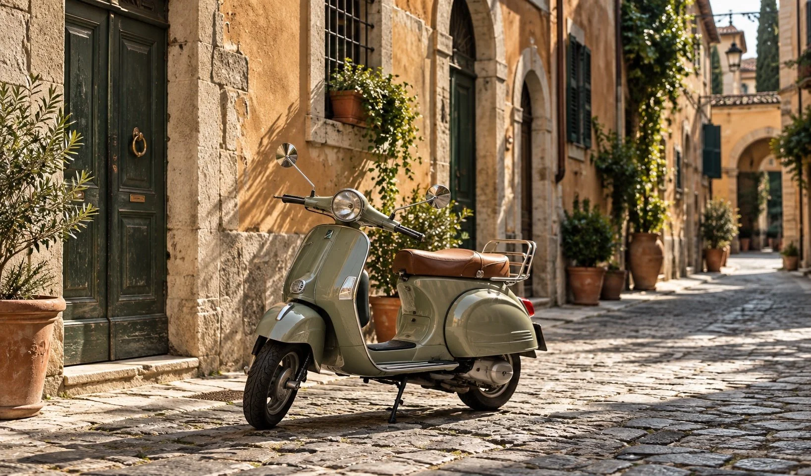 A vintage scooter on a quiet sunlit Italian street