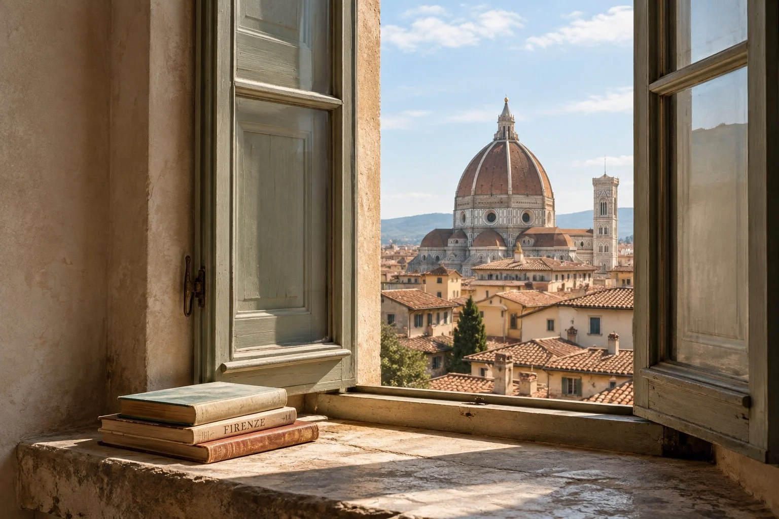 Open shutters overlooking Florence’s cathedral and terracotta rooftops