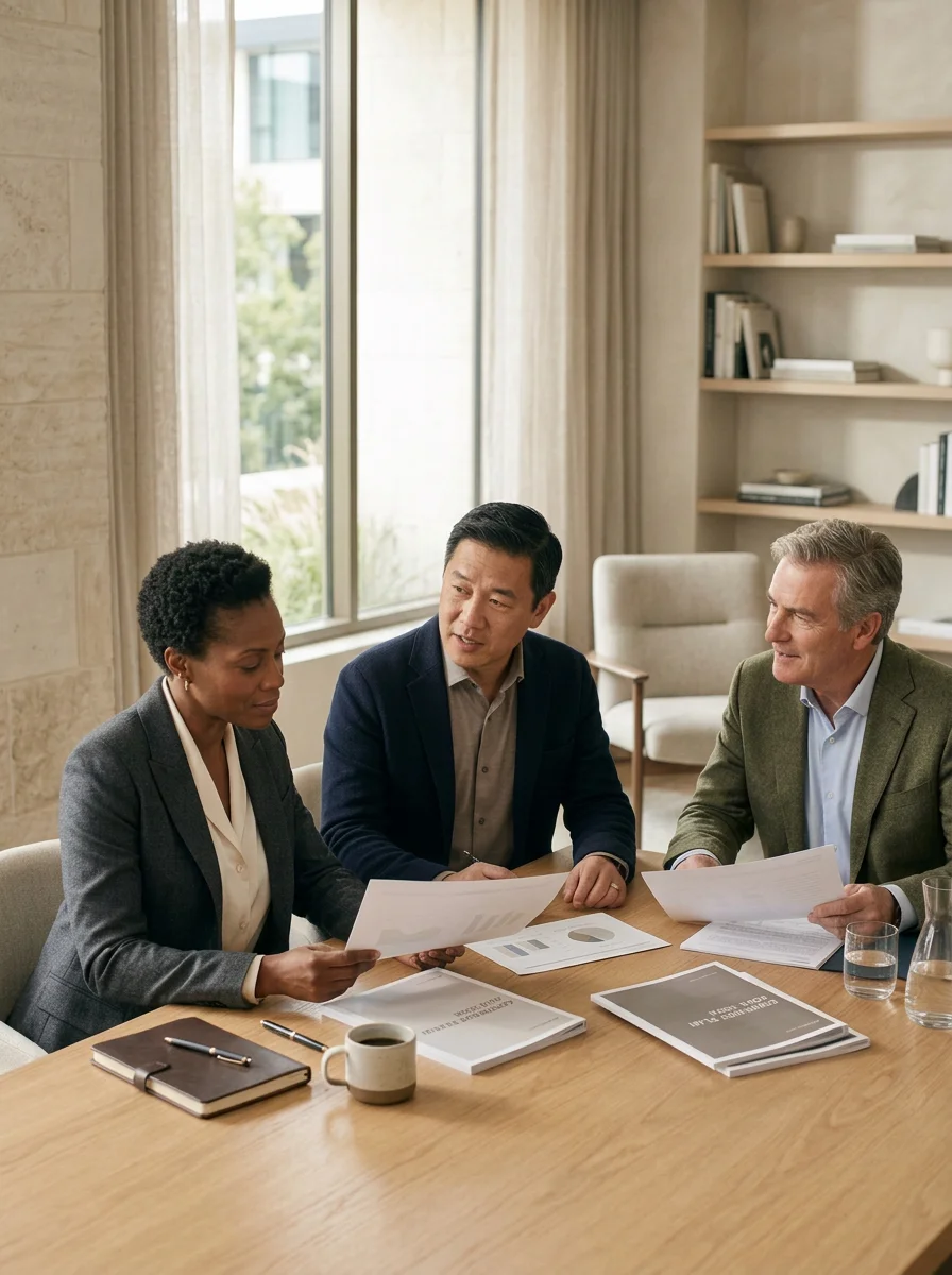 Three professionals reviewing documents together at a conference table.