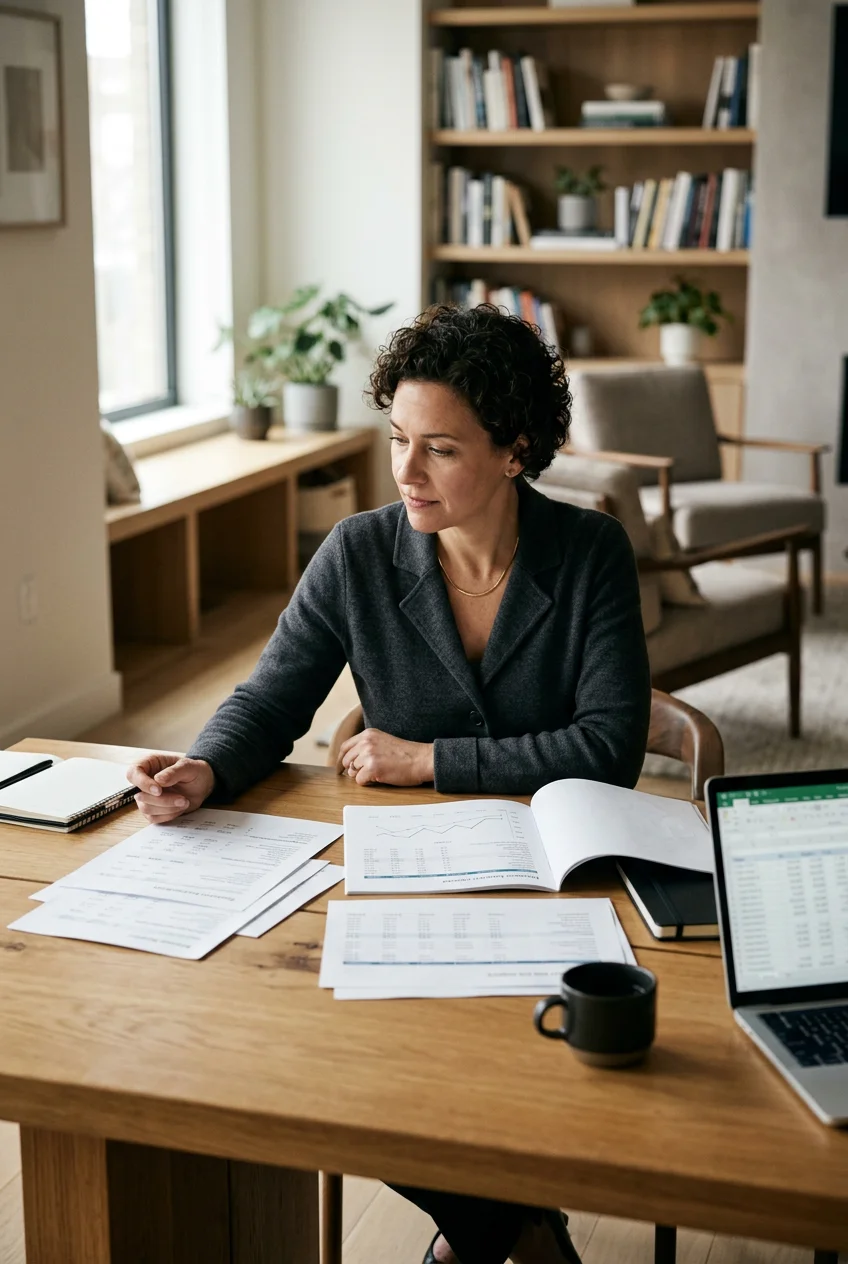 Professional reviewing documents and working at a laptop in a home office.