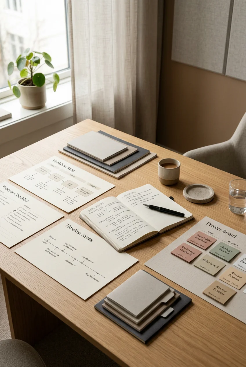 Notebooks, papers, and a pen arranged on a wooden desk beside a window.
Copy