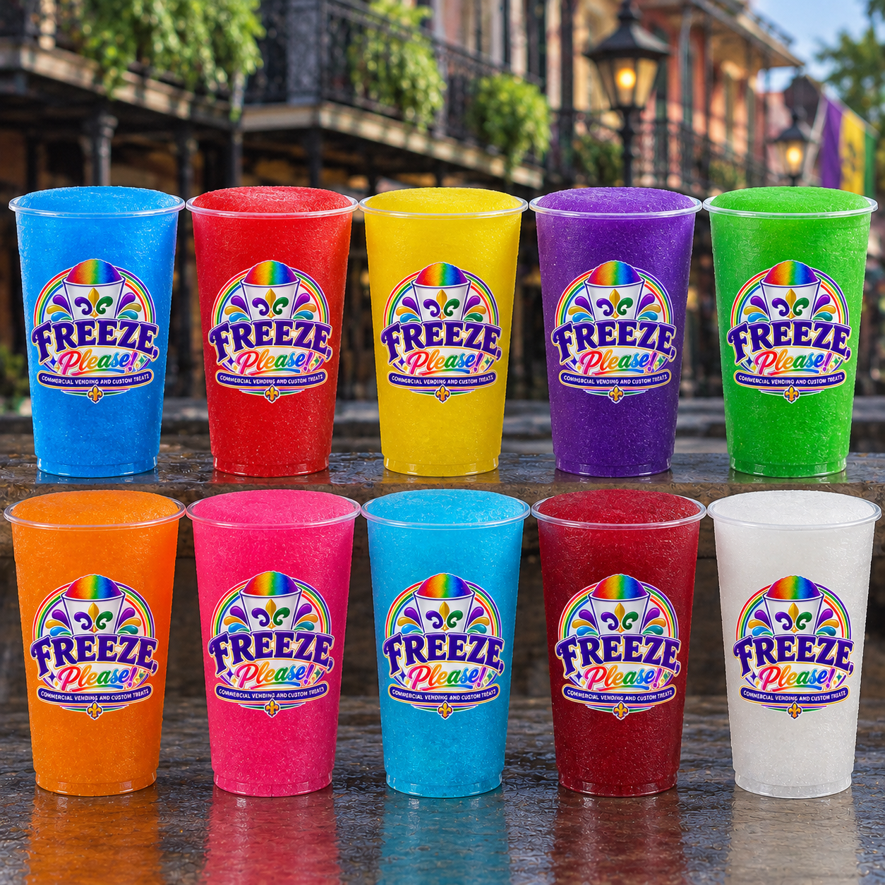 Colorful frozen drinks in cups labeled 'Freeze Please!' arranged on a table outdoors with a building and trees in the background.