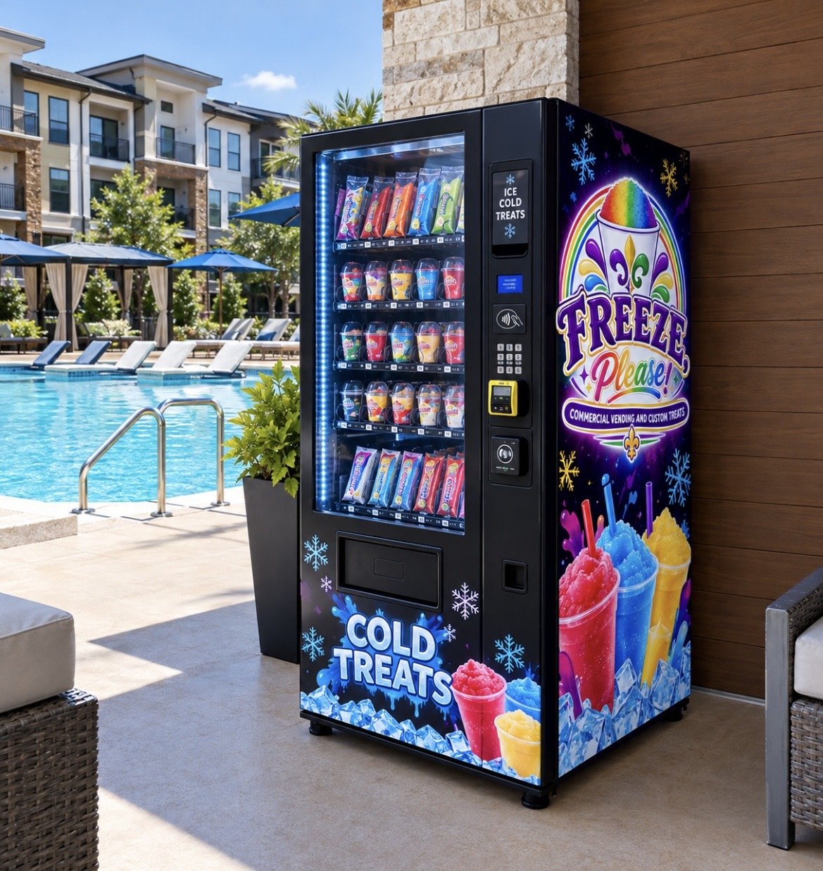 Vending machine for frozen treats next to pool area with lounge chairs and umbrellas, residential buildings in background.