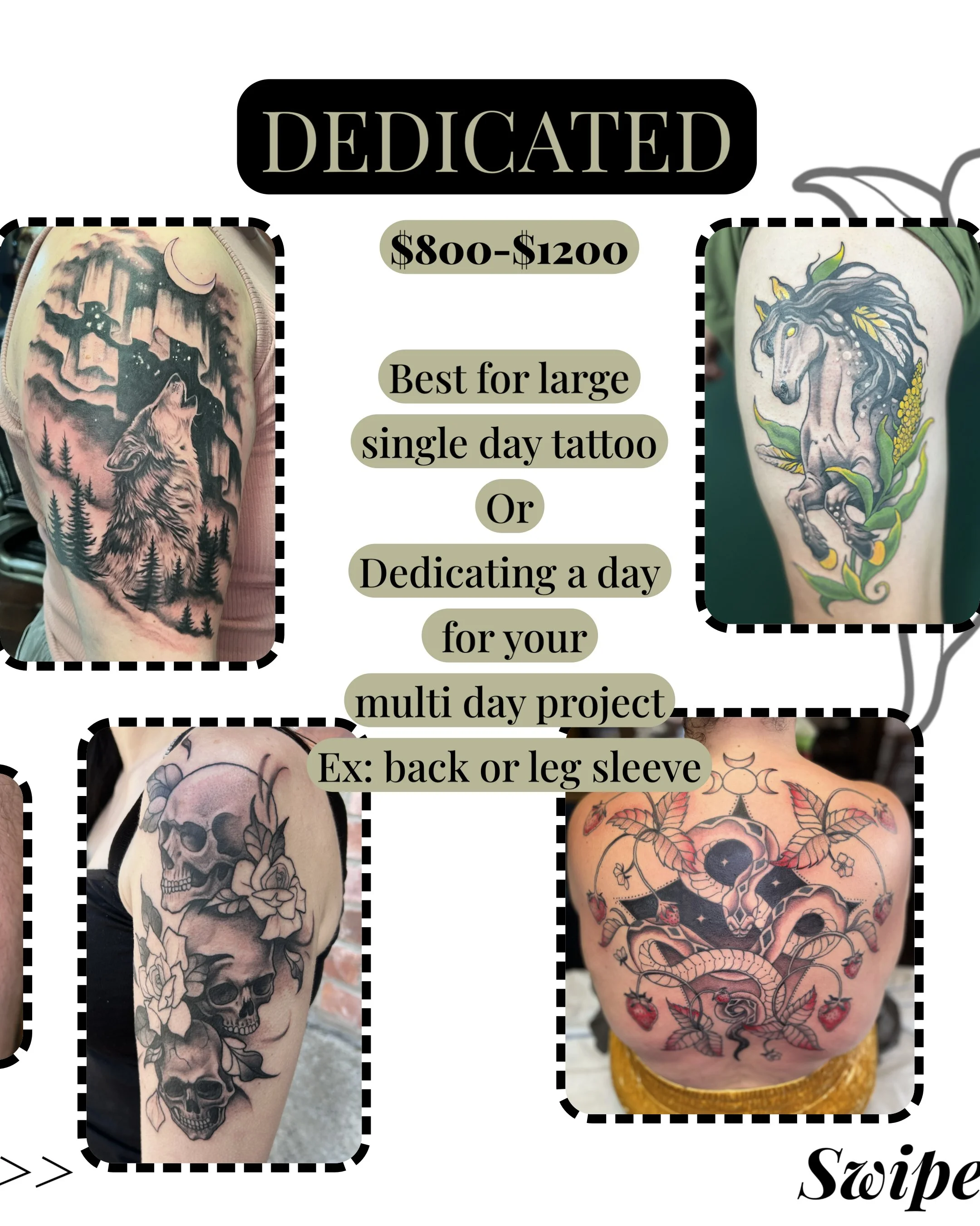 Various tattoos on people's arms and back, including a wolf with trees and a moon, a detailed unicorn, a skull floral design, and a traditional-style snake and roses.
