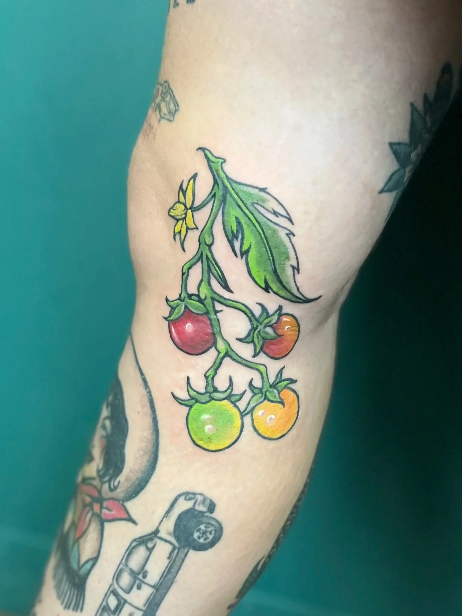 Colorful tattoo of a cherry tomato plant on a person's arm, featuring a large green tomato, smaller orange and red tomatoes, with green leaves and yellow flowers.