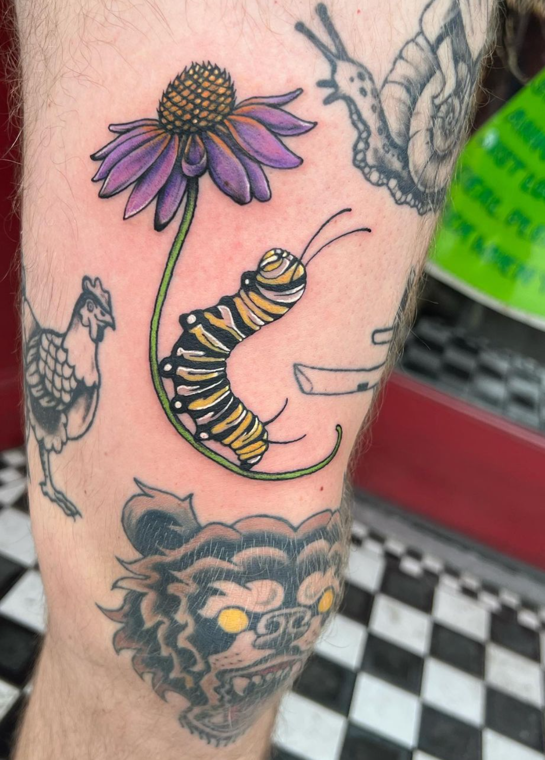 Colorful tattoo of a butterfly, bee, and a large flower on a person's leg, with other black and gray tattoos, including a lion's face and a bird.