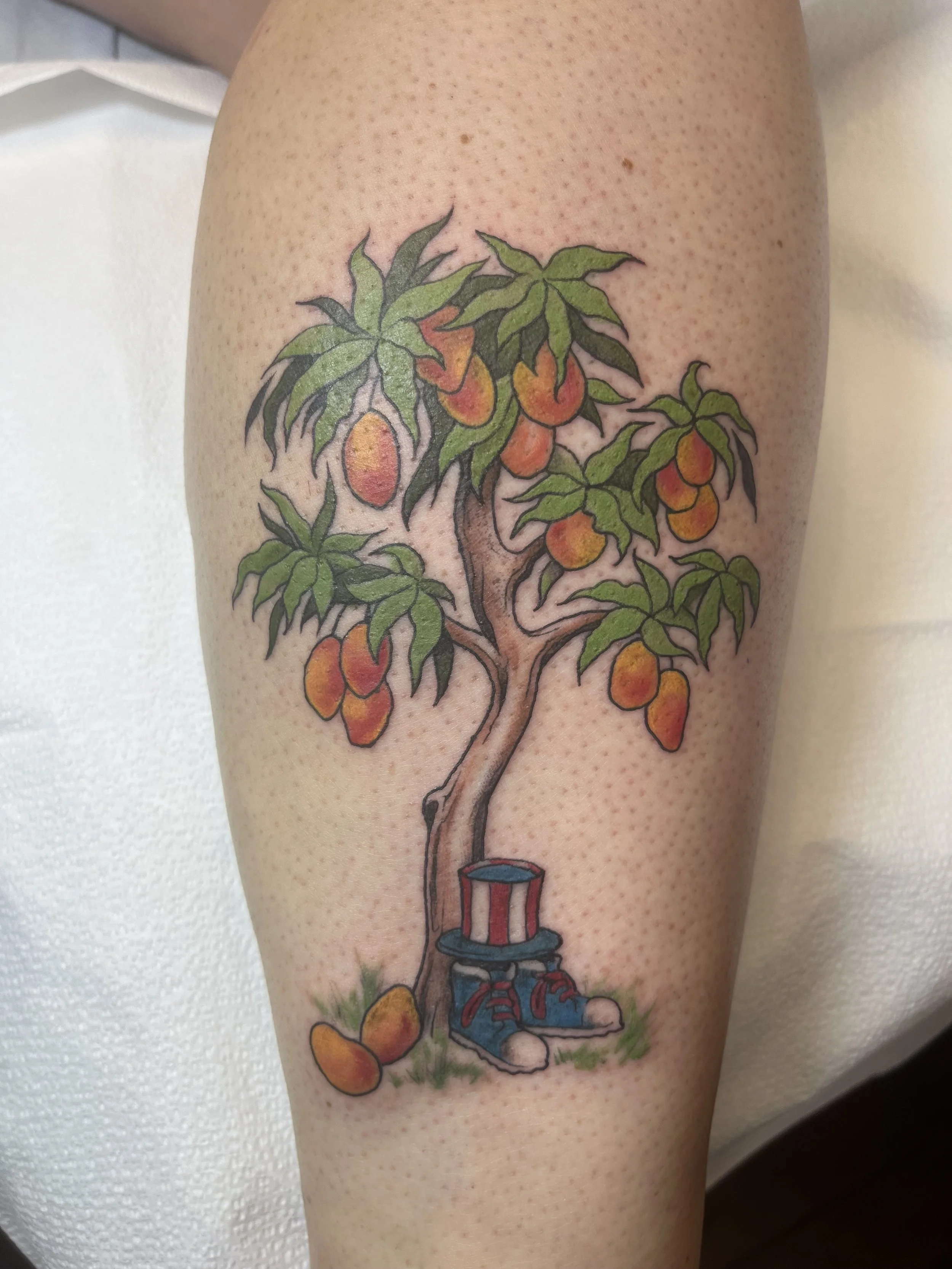 A tattoo of a tree with green leaves and orange fruits growing from a boot with red laces. The tree appears to be growing out of the top of a red and white striped top hat, with some oranges on the ground nearby.