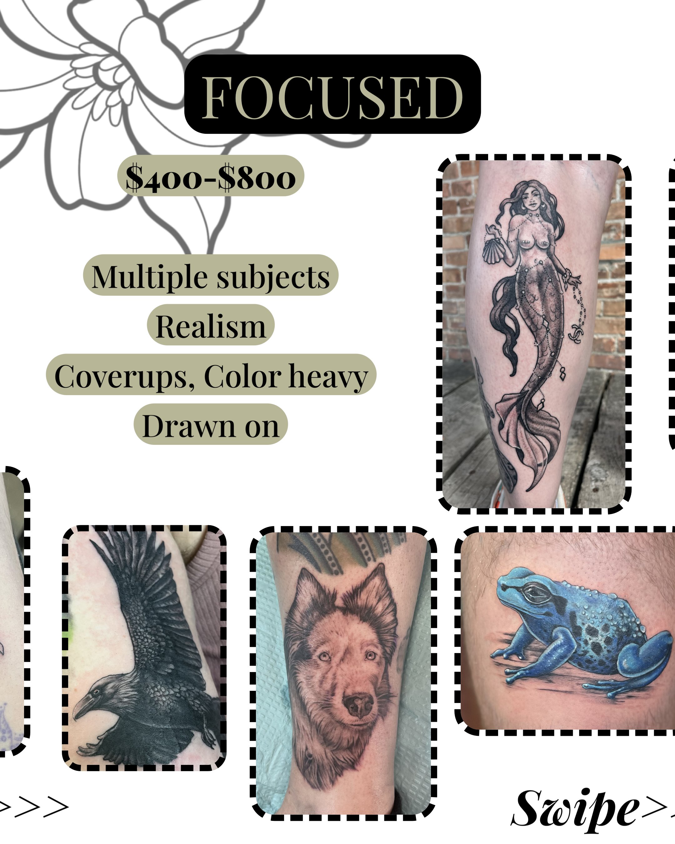 Close-up of a person's leg with a tattoo of a mermaid.