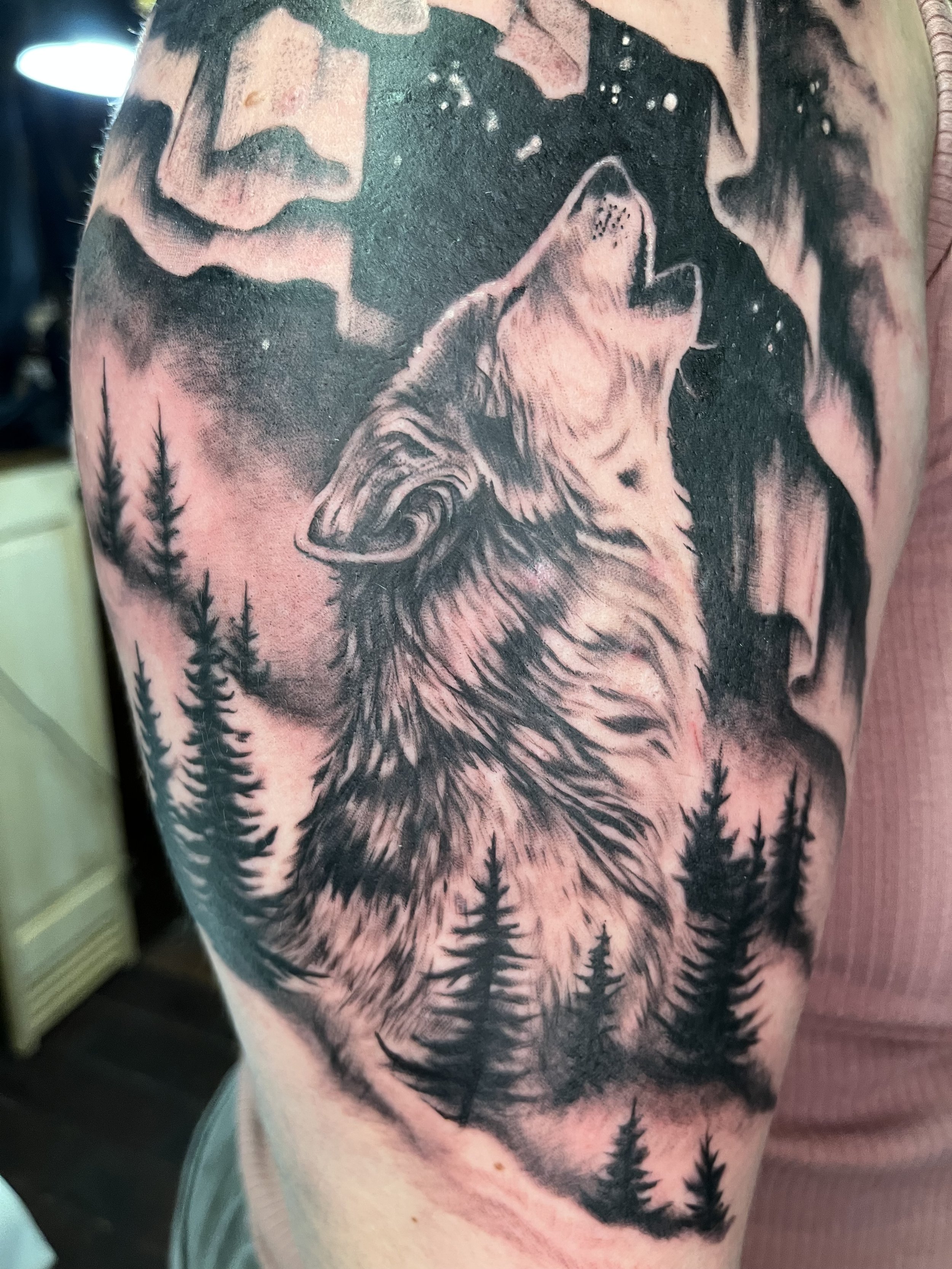 Tattoo of a howling wolf surrounded by pine trees and a starry night sky.