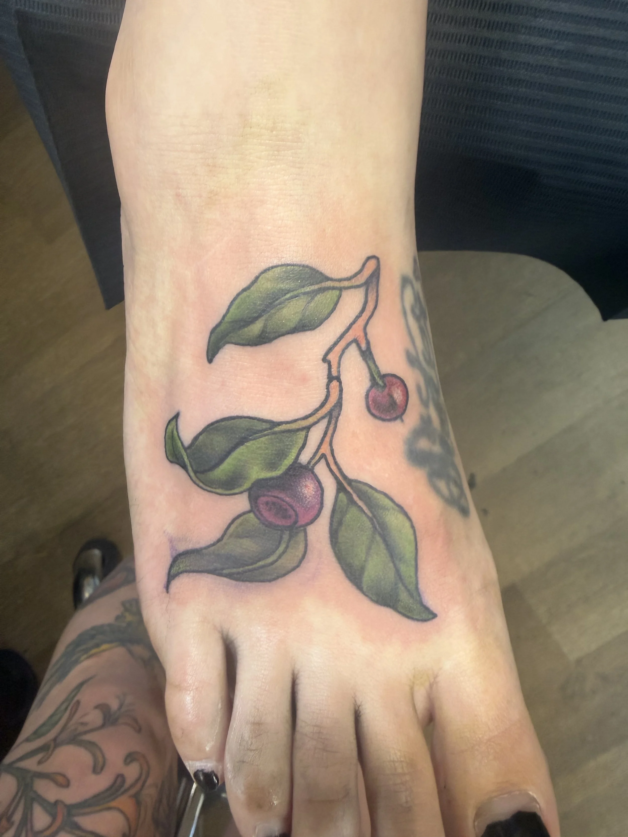 Tattoo of a branch with green leaves and red cherries on a person's arm.