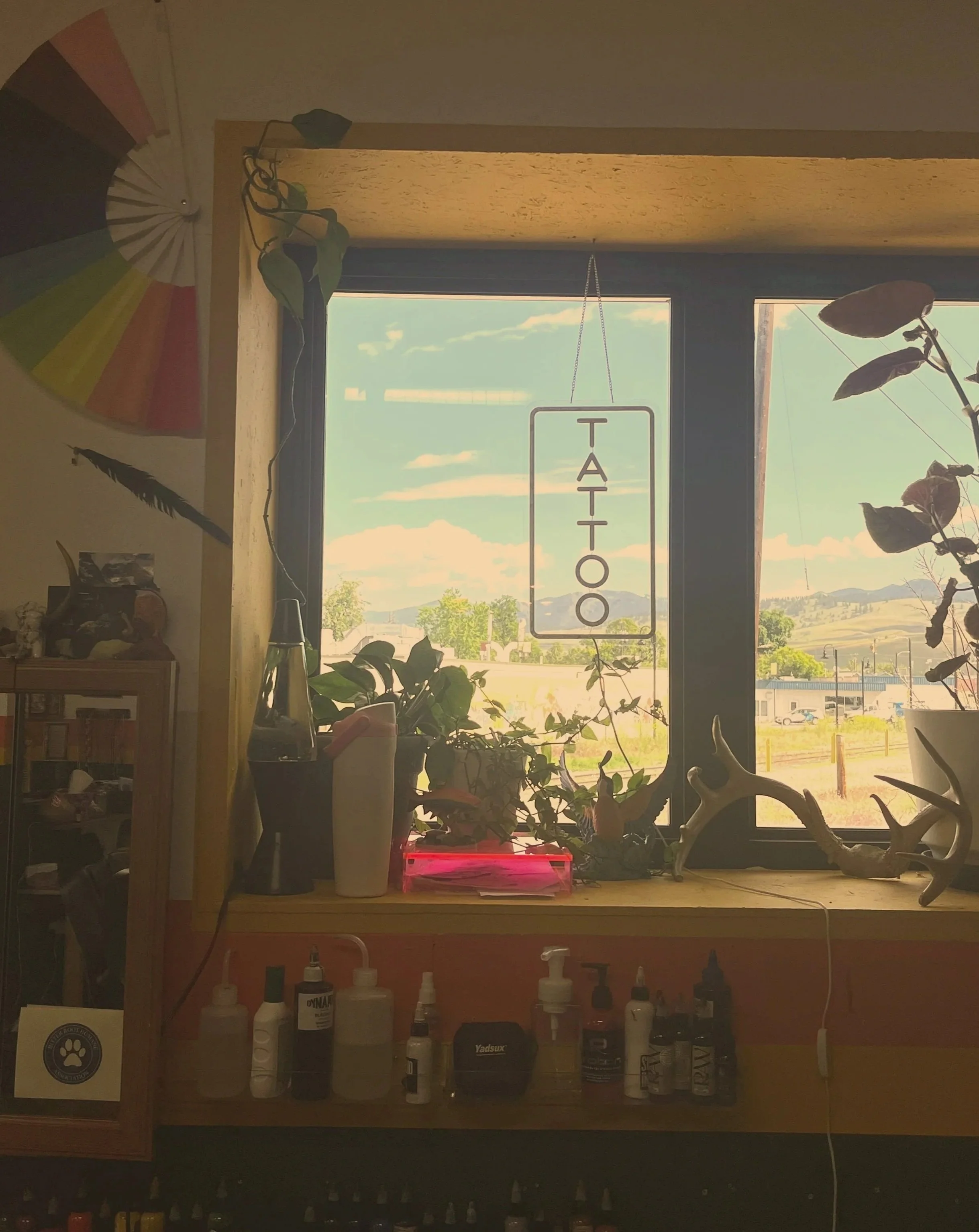 Indoor scene with a window showing outdoor landscape, plants on the windowsill, and shelves with bottles and art supplies; visible letters on the window spell 'TATTOO'.