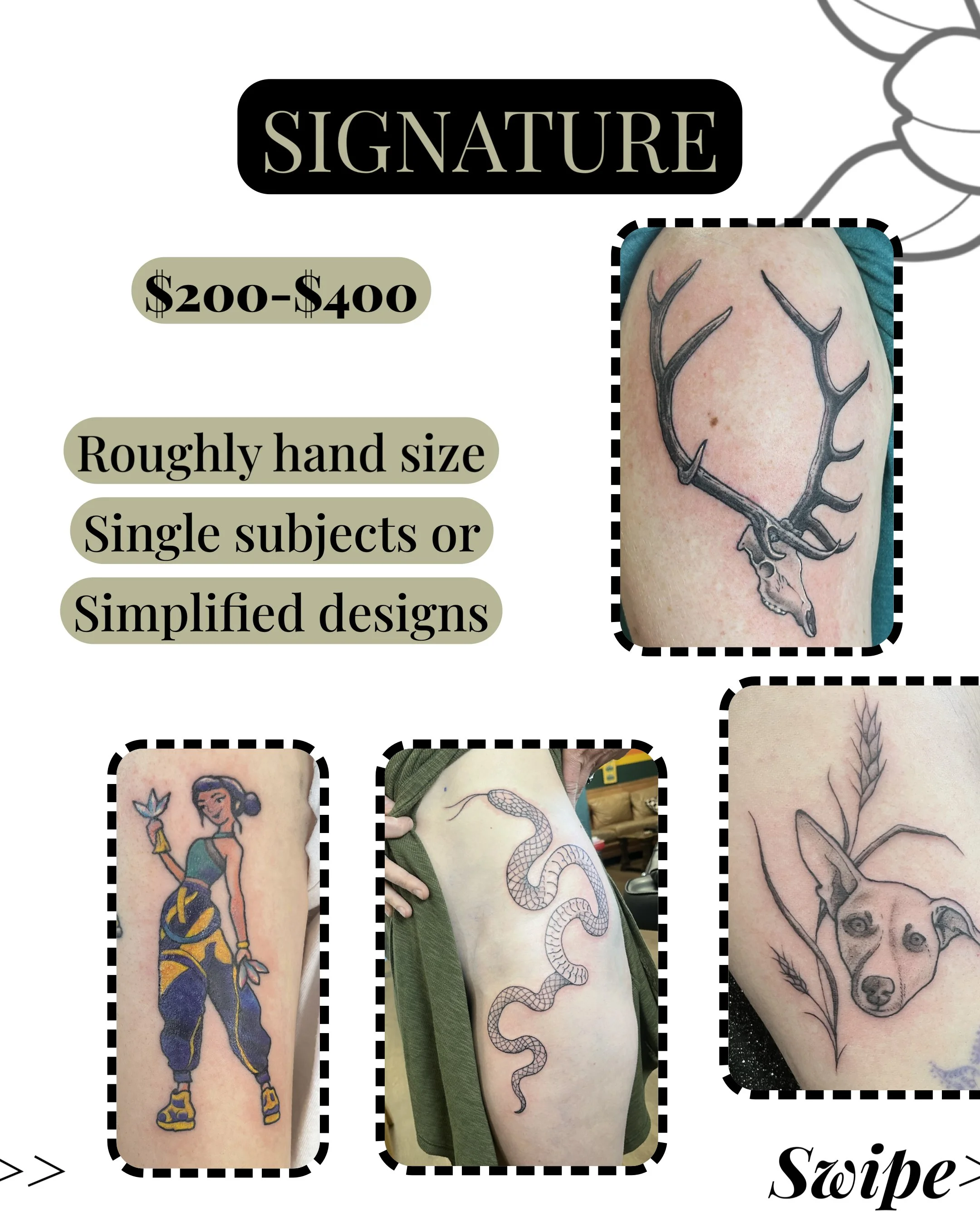 Tattoo designs featuring various images including a woman with a dragon tattoo, a snake, and a plant with a bear face in a tattoo style.