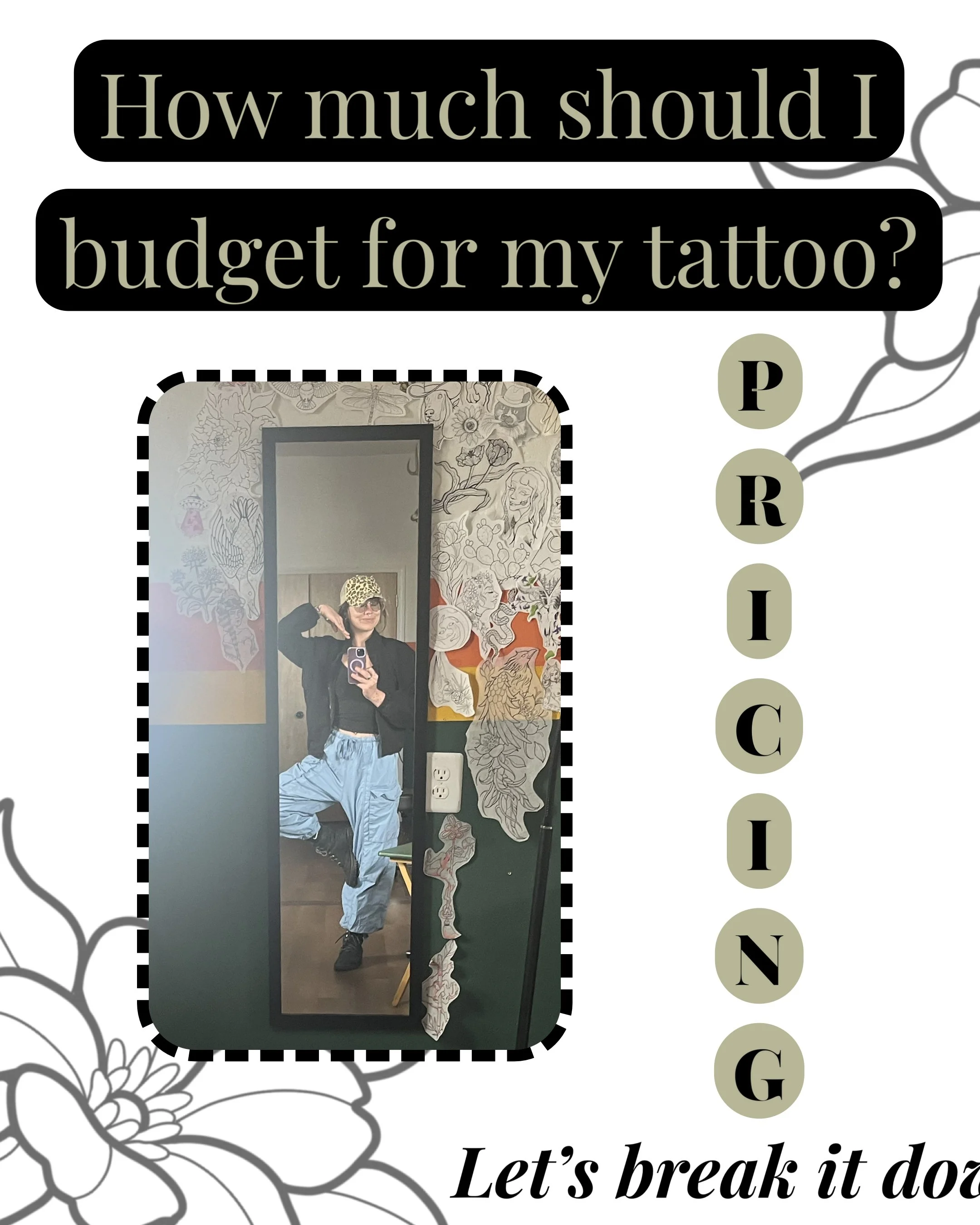 A woman taking a mirror selfie in a room decorated with floral and mythical creature wall art. She is wearing a black top, light blue pants, and sunglasses, with her right hand on her hip and her left hand holding the phone.