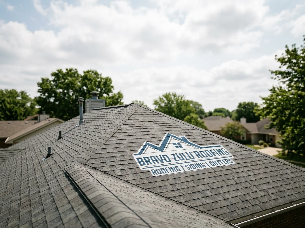 A house roof with shingles and a logo for Bravo Zulu Roofing, a company that specializes in roofing, siding, and gutters.