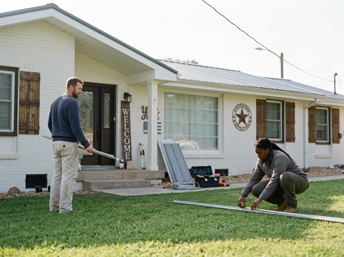 Two people installing a metal fence on the lawn in front of a white house with wooden shutters.