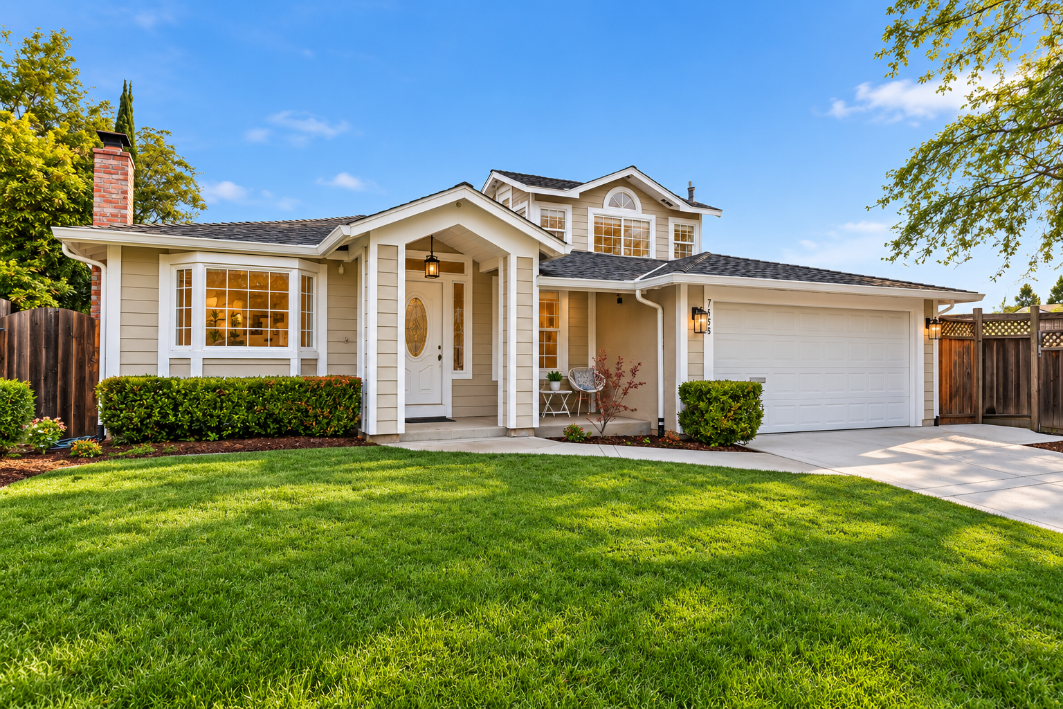 Front view of a two-story suburban house with cream siding, a white garage door, and a front porch with outdoor seating, surrounded by green lawn and landscaping, under a blue sky.