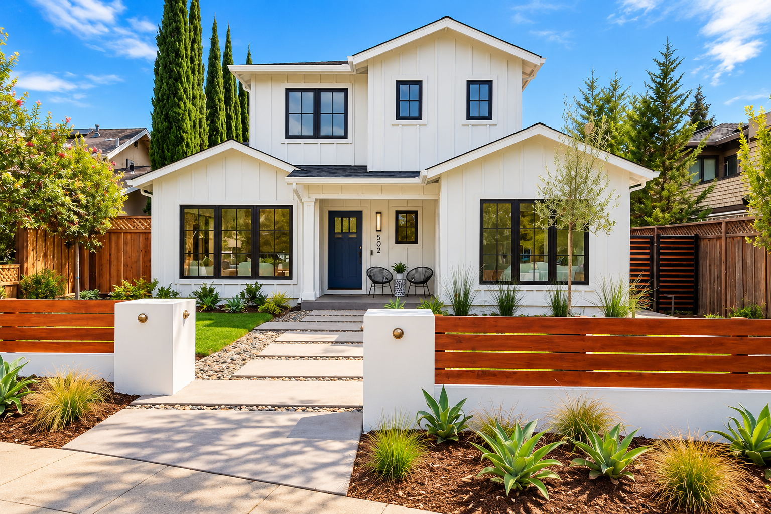 Modern two-story house with white exterior, black window frames, blue front door, landscaped front yard with plants, trees, and a walking path, wooden fence, and blue sky.