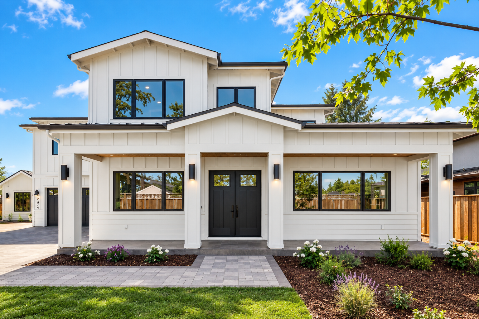 Front view of modern white two-story house with black doors and windows, landscaped yard, and a clear blue sky.