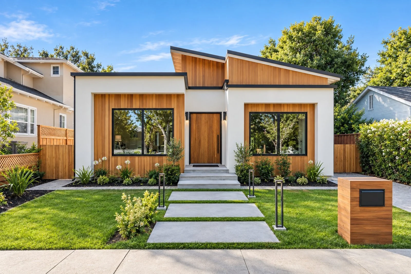 Modern single-story home with wood accents and a stone walkway
