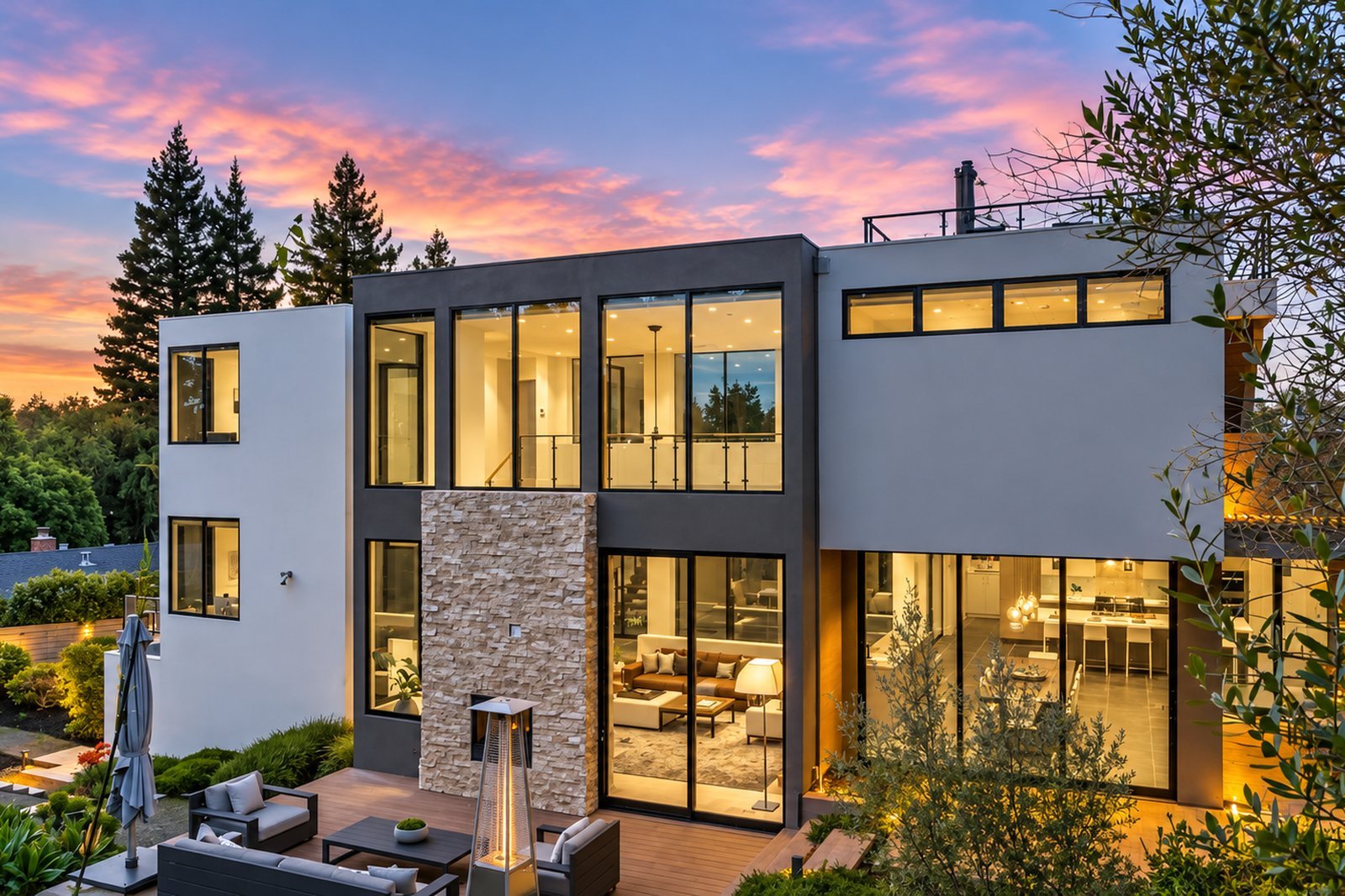 Contemporary two-story home with stone and floor-to-ceiling glass at dusk