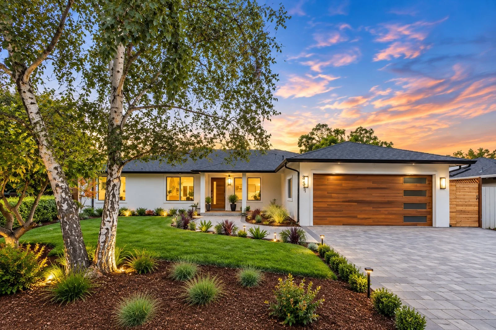 Ranch home with a tiled walkway and a birch tree at golden hour