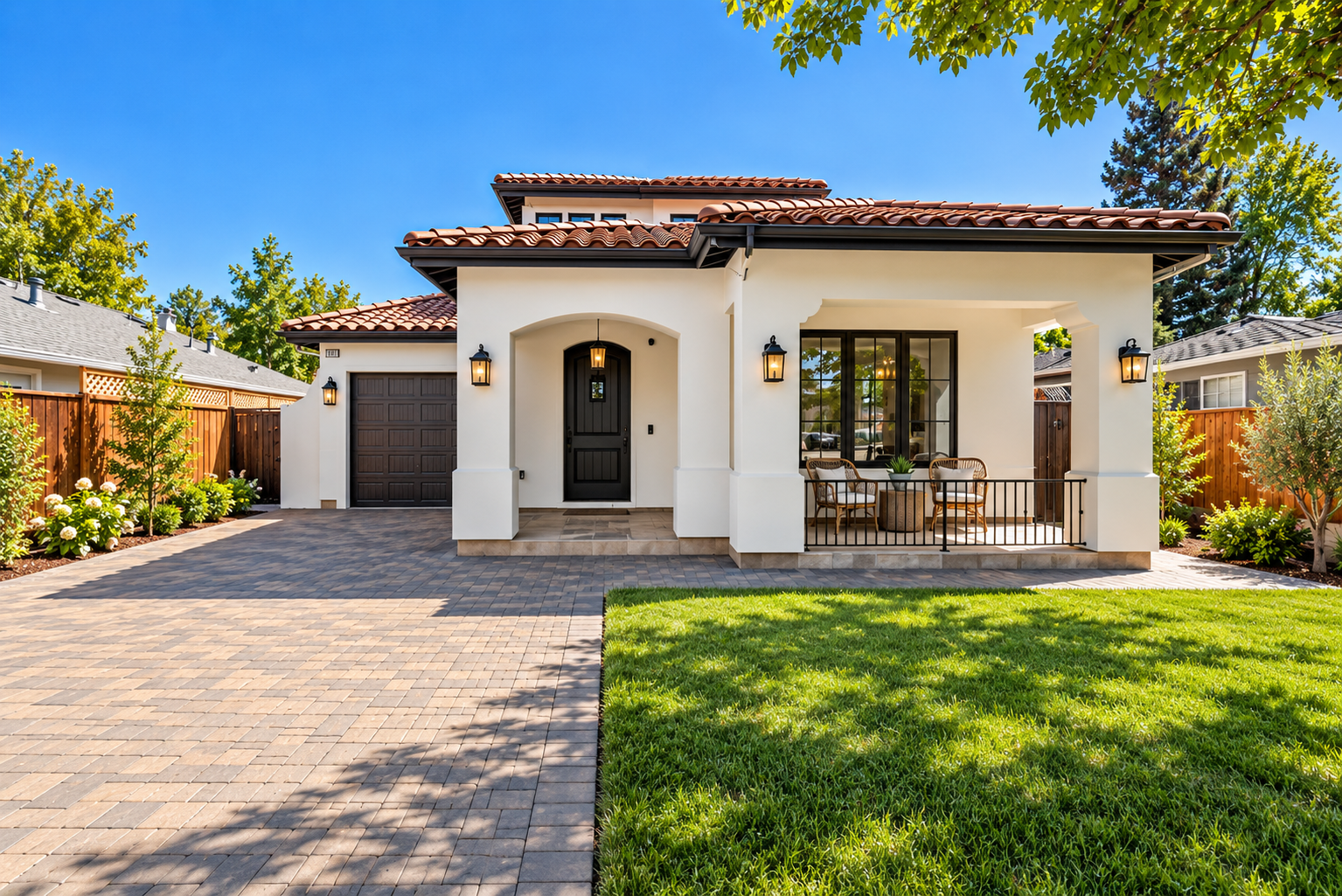 Front view of a modern white house with brown tiled roof, black front door, porch with outdoor seating, potted plant, driveway, and landscaped yard with green grass, trees, and flowers.