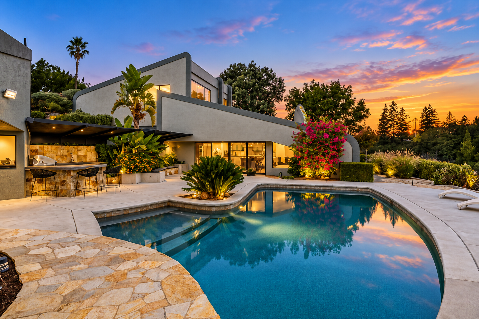 Modern house with large windows and a backyard swimming pool at sunset, surrounded by lush greenery and vibrant flowers.