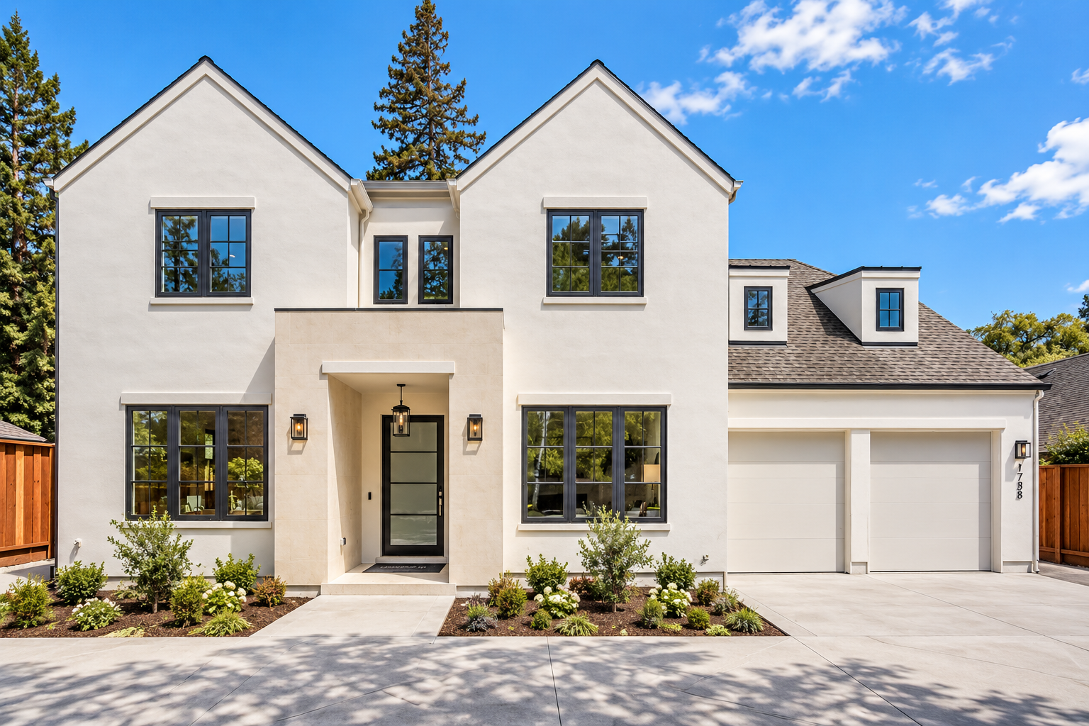 Modern two-story white house with black window frames, front yard, and attached two-car garage, under a blue sky.