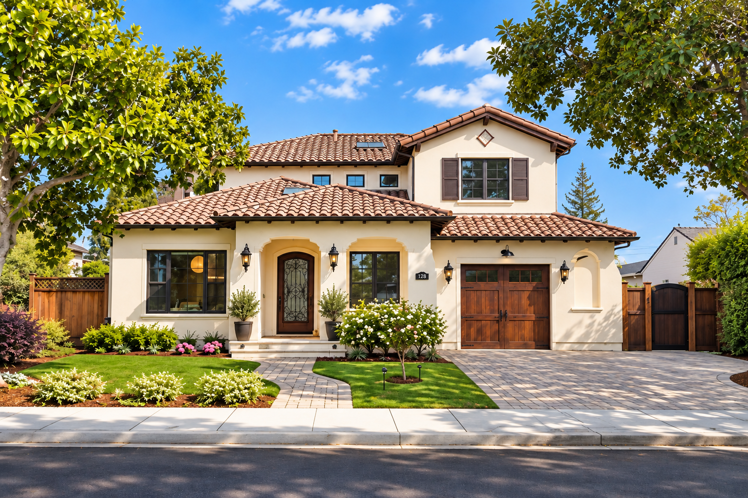Large white house with brown tiled roof, dark wooden door, black window frames, and well-manicured front yard with green grass, trees, and blooming flowers, under a bright blue sky.