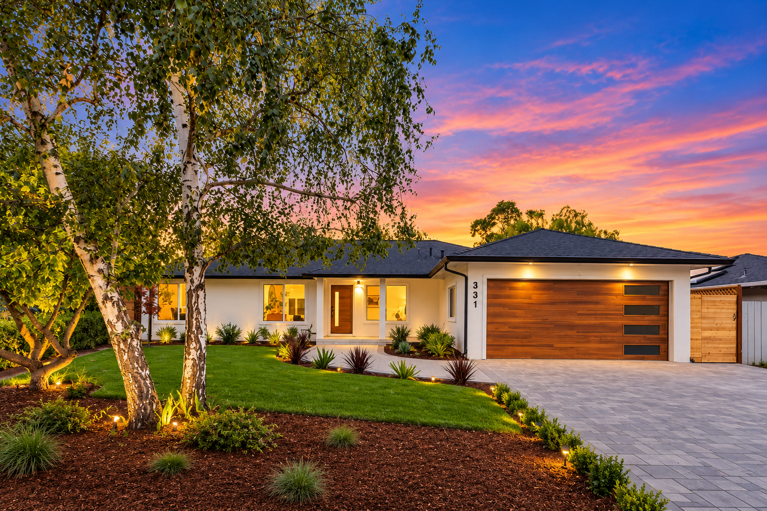 Modern single-story house with white walls, wooden garage door, and landscaped front yard with trees, plants, and pathway, illuminated by outdoor lighting at sunset.